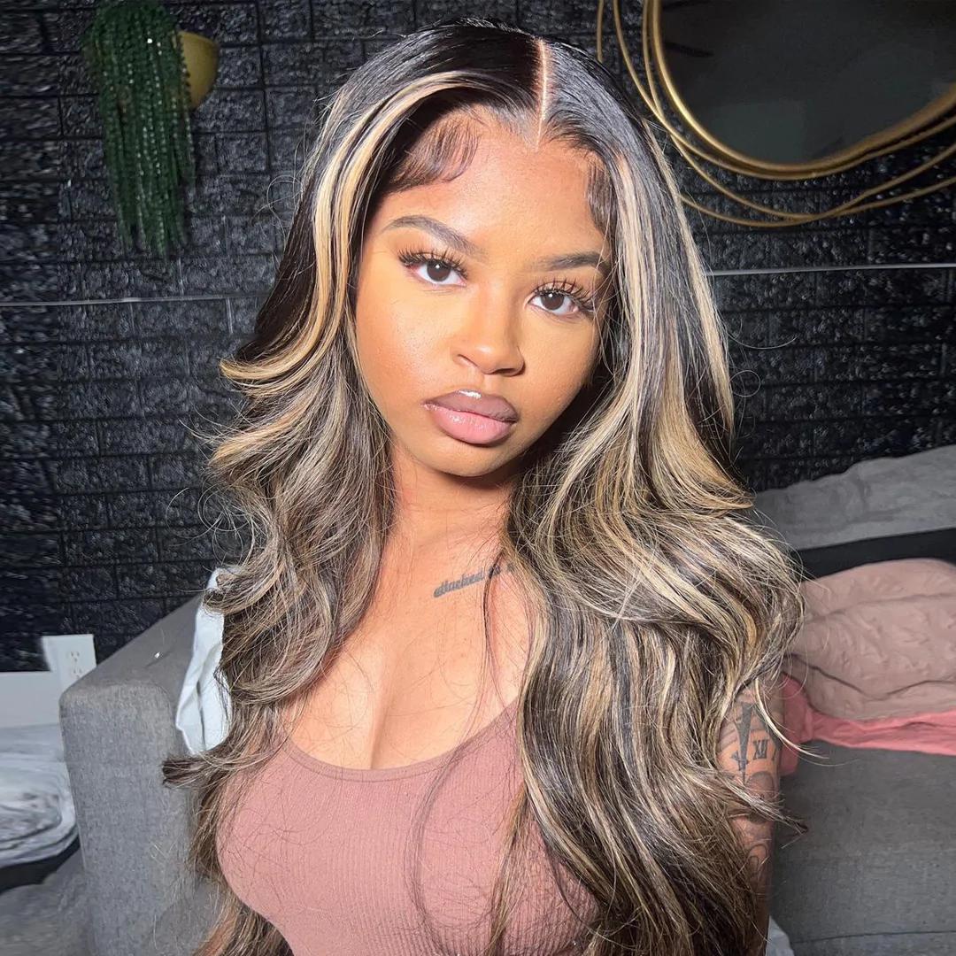 Gluna 13×4 13x6 Lace Frontal Wig 1b/27 Black and Honey Blonde Highlight Color Body Wave Human Virgin Hair Pre Plucked With Natural Baby Hair