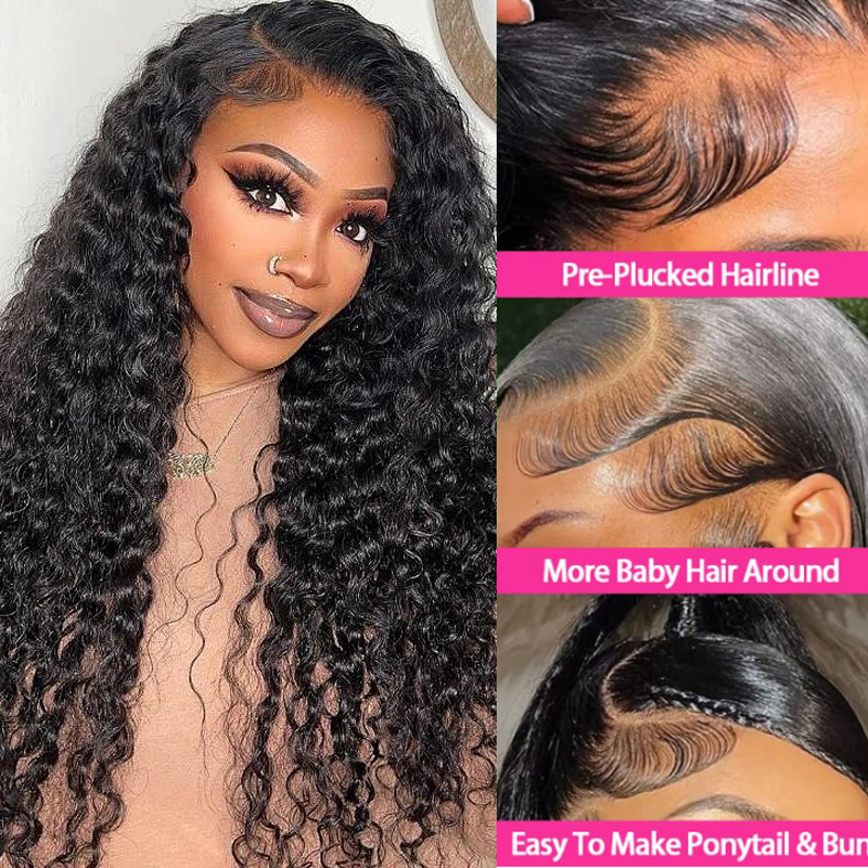 Gluna Natural Black Color 13×4 HD Lace Frontal Wig Deep Wave Human Virgin Hair