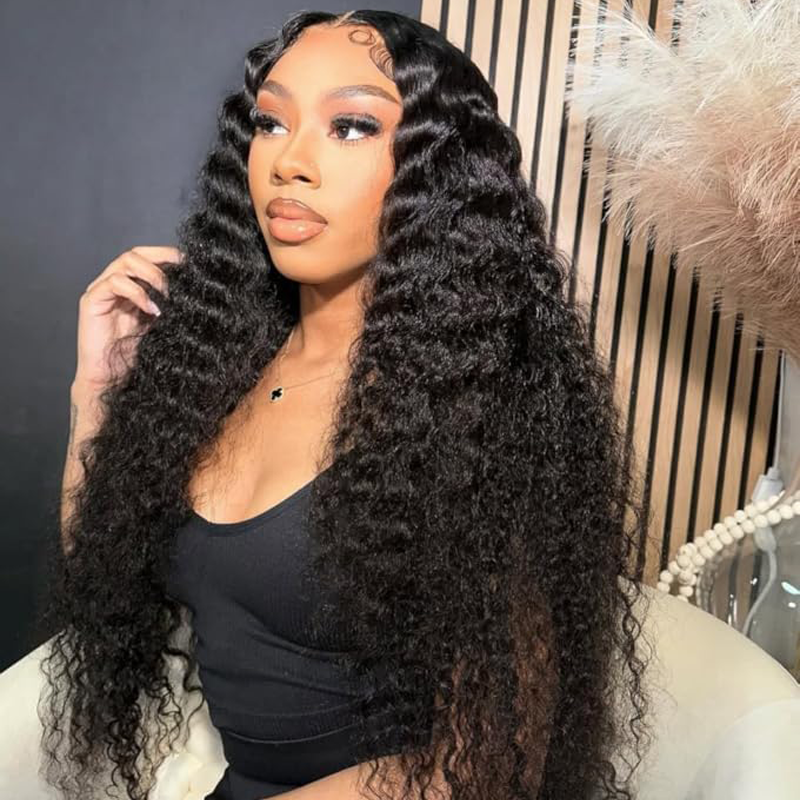 Gluna Natural Black Color 13×4 HD Lace Frontal Wig Deep Wave Human Virgin Hair