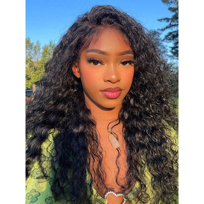 Gluna Natural Black Color 13×4 HD Lace Frontal Wig Water Wave Human Virgin Hair