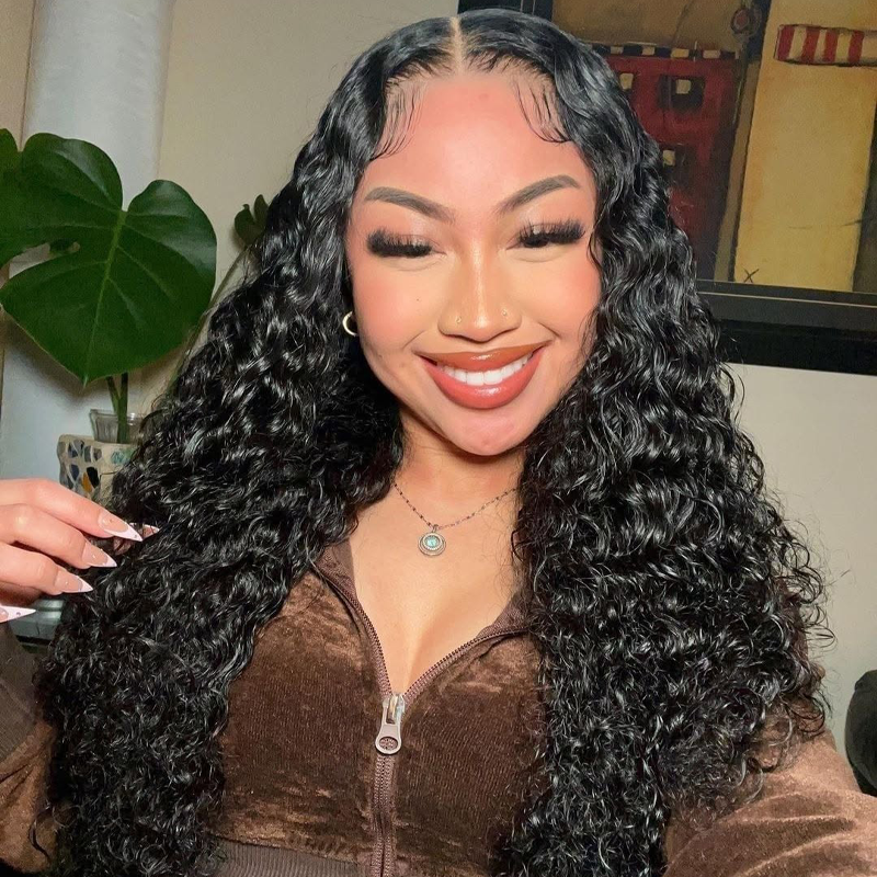 Gluna Natural Black Color 13×4 HD Lace Frontal Wig Deep Wave Human Virgin Hair