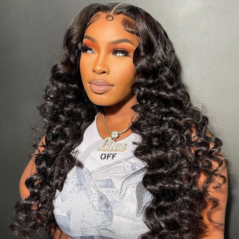 Gluna Natural Black Color 13×4 HD Lace Frontal Wig Loose Deep Wave Human Virgin Hair
