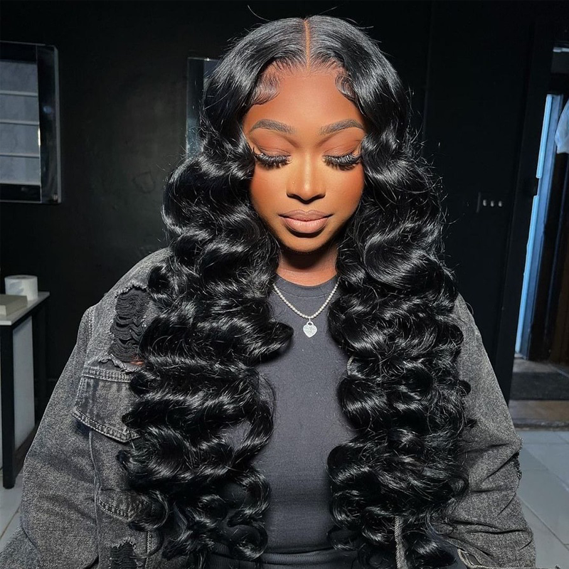 Gluna Natural Black Color 13×4 HD Lace Frontal Wig Loose Deep Wave Human Virgin Hair