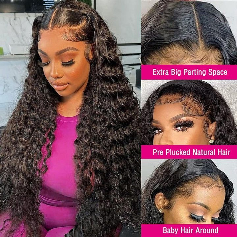 Gluna Natural Black Color 13×4 HD Lace Frontal Wig Water Wave Human Virgin Hair
