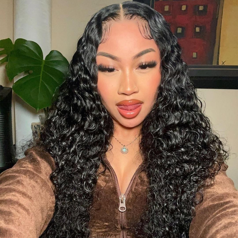 Gluna Natural Black Color 13×4 HD Lace Frontal Wig Deep Wave Human Virgin Hair