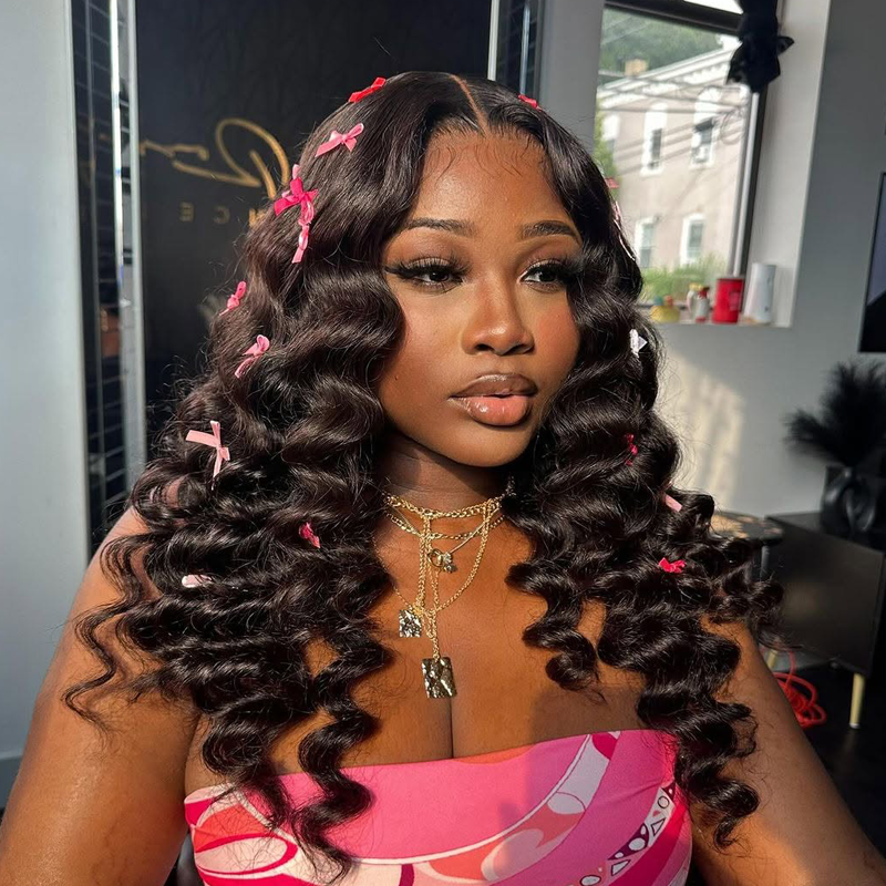 Gluna Natural Black Color 13×4 HD Lace Frontal Wig Loose Deep Wave Human Virgin Hair
