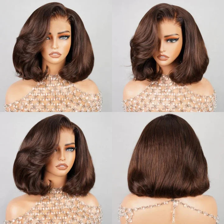 Gluna Short Bob #4 Chocolate Brown Color Body Wave Lace Frontal/Closure Bob Wig Human Virgin Hair Short Hair