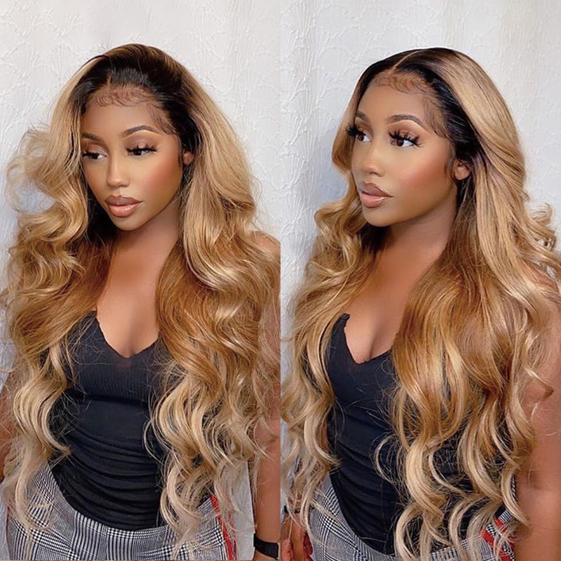 Gluna 13×4 13x6 Lace Frontal Wig Body Wave Ombre #1B/27 Color Honey Blonde Color Human Virgin Hair Pre Plucked With Natural Baby Hair