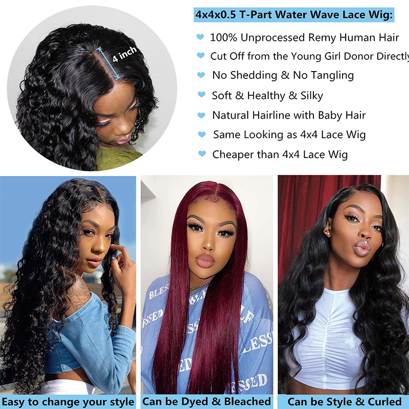 Water Wave Human Hair Wig Brazilian T Part Curly Lace Front wig HD Transparent Lace Front Wigs Human Hair Pre Plucked with Baby Hair 4x4x0.5 T Part water wave lace front wigs human hair
