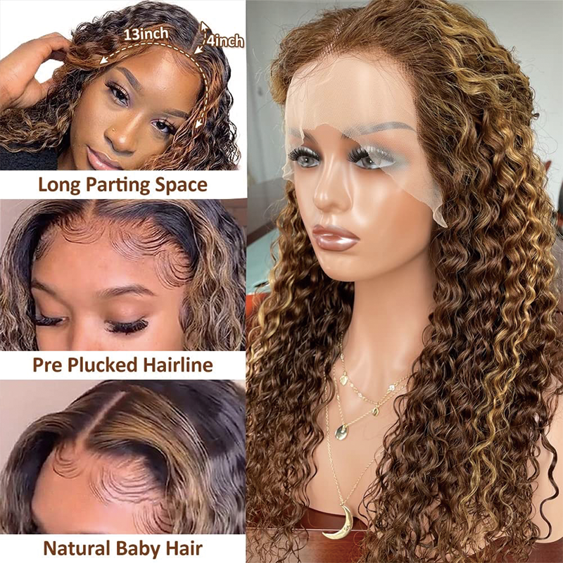 Gluna Deep Curly 4/27 Brown and Honey Blonde Highlight Color 13x6 13x4 Lace Frontal Wigs Brazilian Virgin Hair Pre Plucked For Women