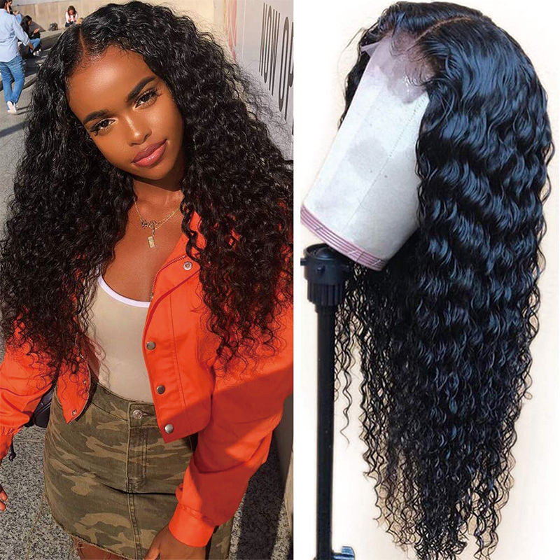 Gluna T-Part Lace Closure Wigs Deep wave Wig Brazilian Virgin Human Hair Wigs 4X1 Lace Closure Wig For Black Women 150% Density Deep Curly Pre Plucked with Baby Hair Natural Color