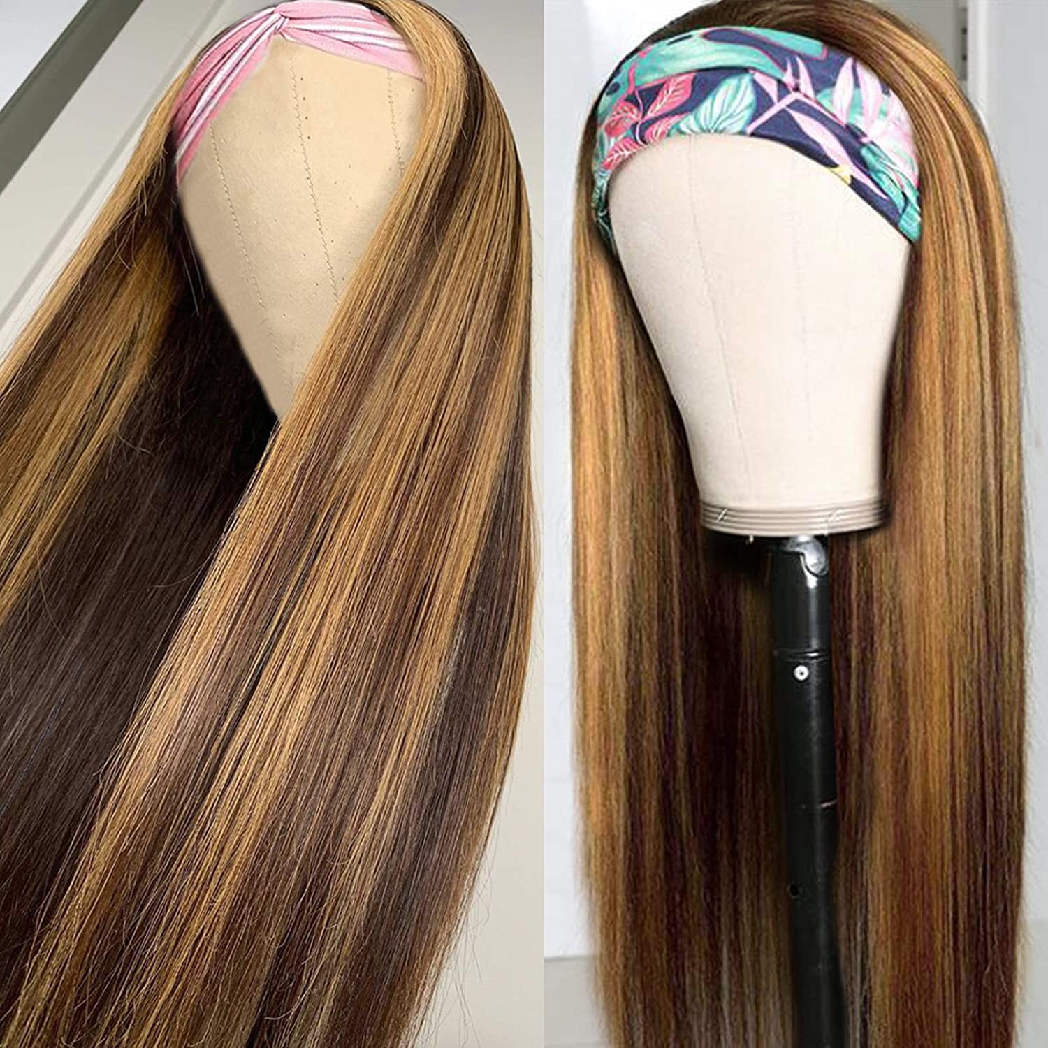 Gluna Hair Straight #4/27 Brown and Honey Blonde Highlight Color Wave Headband Wig Virgin Human Hair Wigs For Black Women