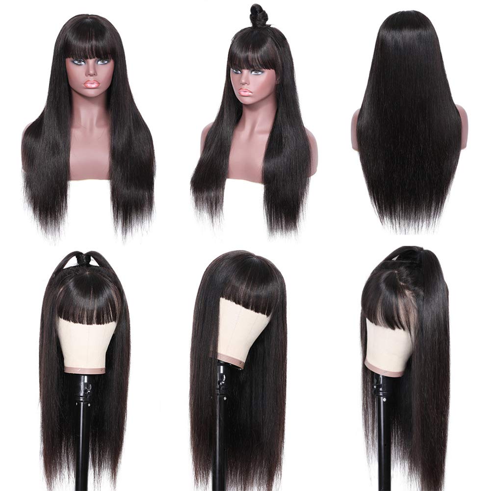 Gluna Hair Brazilian Virgin Straight Human Hair Wigs with Bangs 150% Density None Lace Front Wigs Glueless Machine Made Wigs for Black Women Natural Color