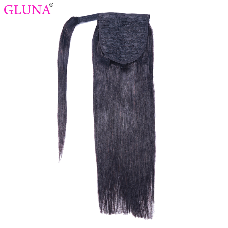 Gluna Hair Silk Straight Ponytail Extension for Black Women 100% Remy Human Hair Extensions Wrap Around Fixed Ponytail with Magic Paste Binding Fluffy Ponytail Extension Human Hair 100g Natural Black