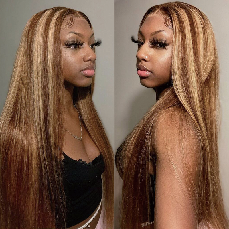 Gluna 13×4 13x6 Lace Frontal Wig Straight Highlight #4/27 Brown and Honey Blonde Color Human Virgin Hair