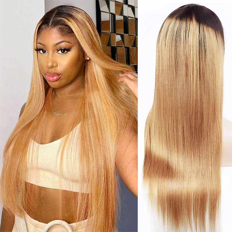 Gluna 4×4 5x5 Lace Closure Wig Ombre #1B/27 Honey Blonde Color Straight Human Virgin Hair Pre Plucked With Natural Baby Hair