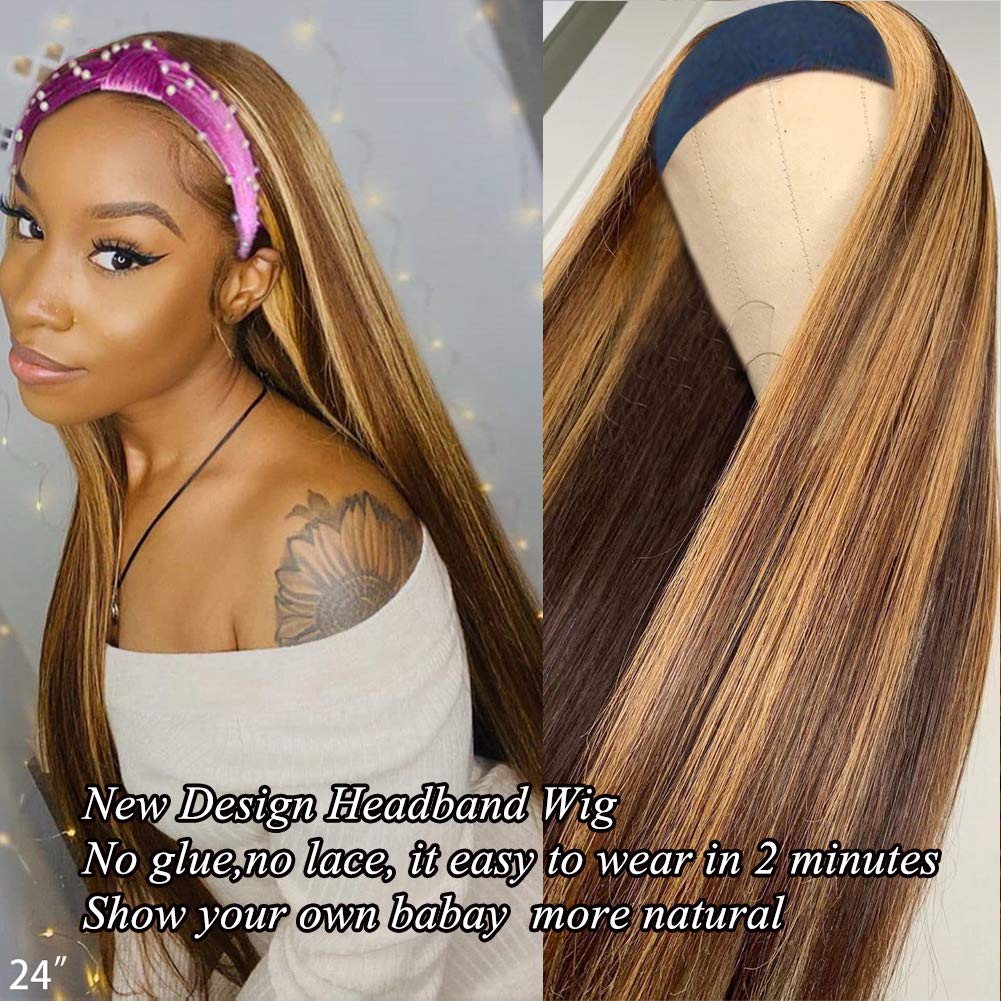 Gluna Hair Straight #4/27 Brown and Honey Blonde Highlight Color Wave Headband Wig Virgin Human Hair Wigs For Black Women