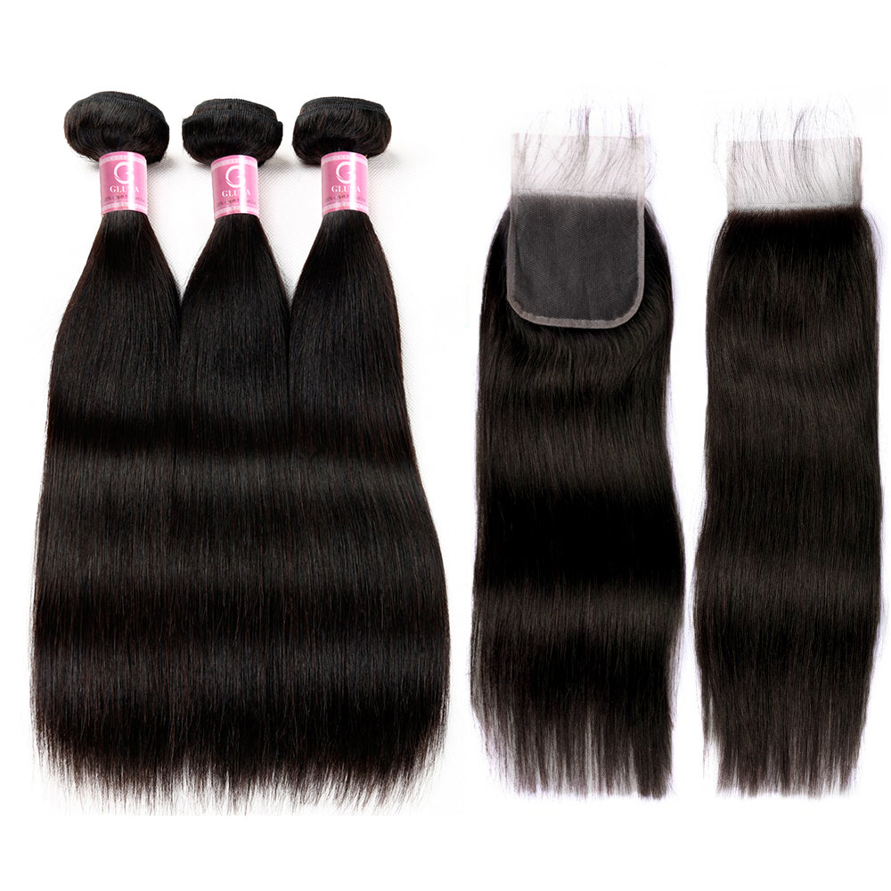 Gluna Hair 8A Grade Straight Virgin Hair 3 Bundles With 4*4 Closure 100% Human Hair Extension Natural Black