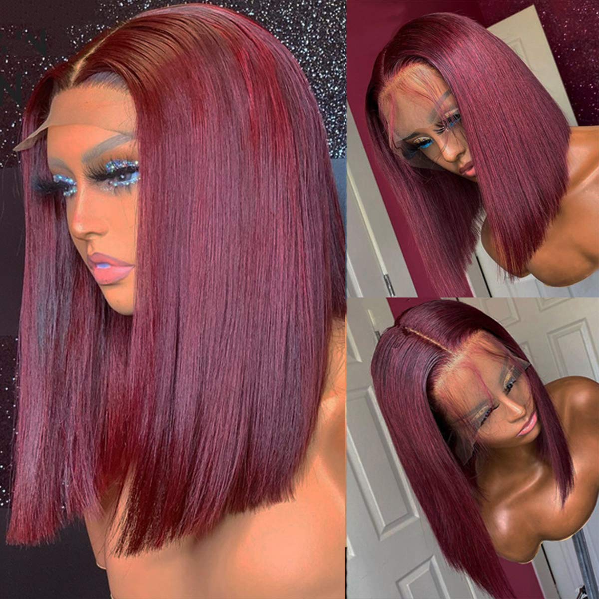 Gluna Short Bob Burgundy Color Straight Lace Frontal/Closure Bob Wig Human Virgin Hair Short Hair
