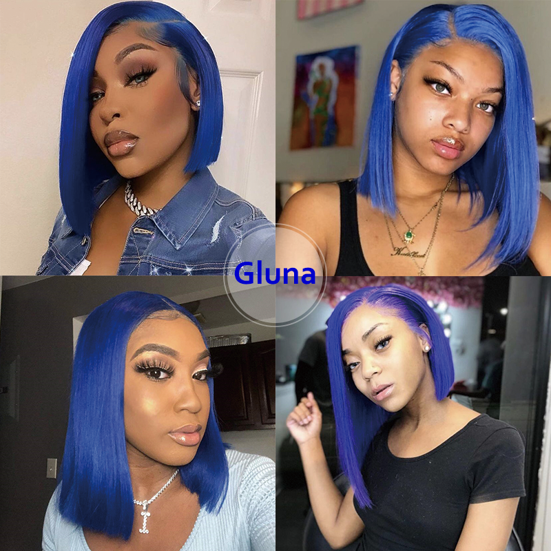 Gluna Jewelry Blue Color Short Bob Straight Lace Frontal Closure Bob Wig Double Drawn Short Hair For Women