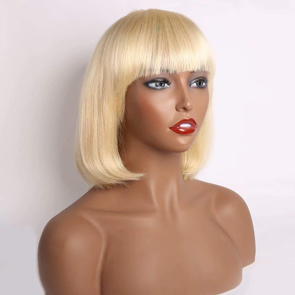 Gluna Hair Bob Wigs with Bangs Brazilian Straight Virgin Human Hair 613 Blonde Wigs Glueless Silky Machine Made 613 Blonde Wigs
