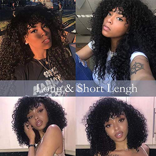 Gluna Hair Kinky Curly Wigs With Bangs 150% Density None Lace Human Hair Wigs Glueless Machine Made Wigs for Black Women Brazilian Virgin Hair Natural Color