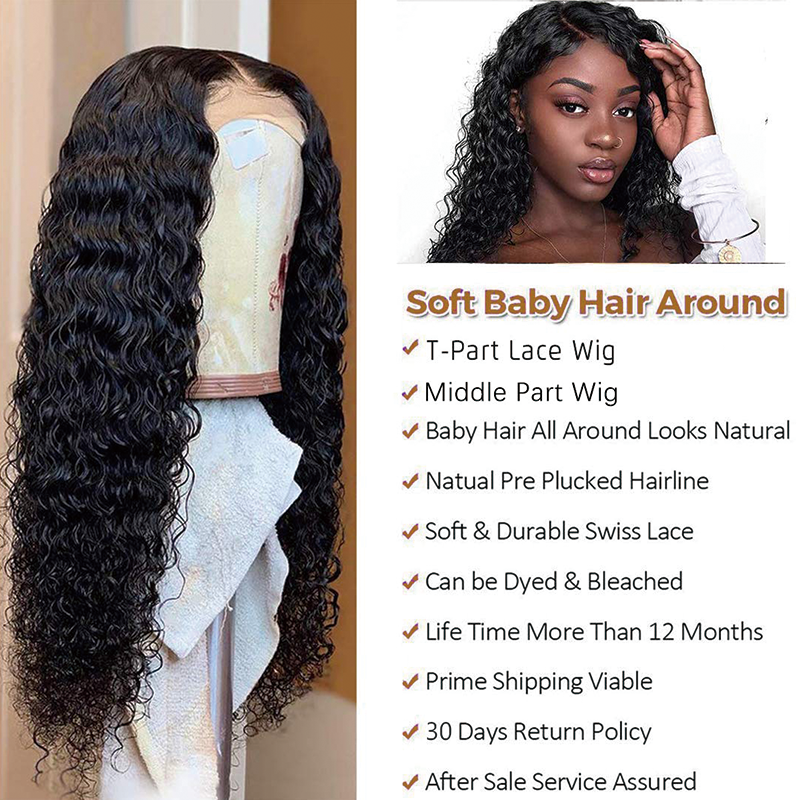 Gluna T-Part Lace Closure Wigs Deep wave Wig Brazilian Virgin Human Hair Wigs 4X1 Lace Closure Wig For Black Women 150% Density Deep Curly Pre Plucked with Baby Hair Natural Color