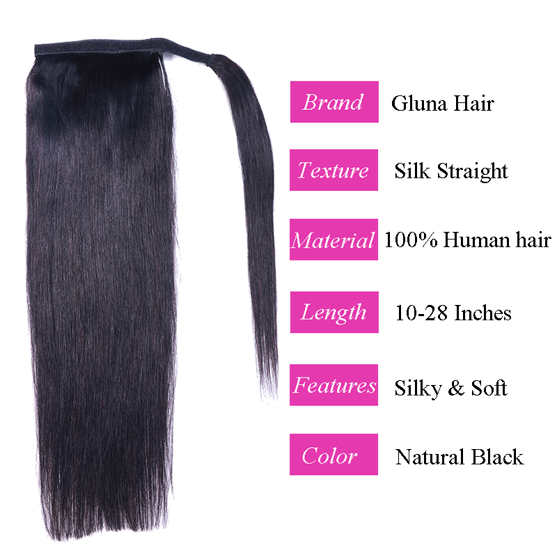 Gluna Hair Silk Straight Ponytail Extension for Black Women 100% Remy Human Hair Extensions Wrap Around Fixed Ponytail with Magic Paste Binding Fluffy Ponytail Extension Human Hair 100g Natural Black