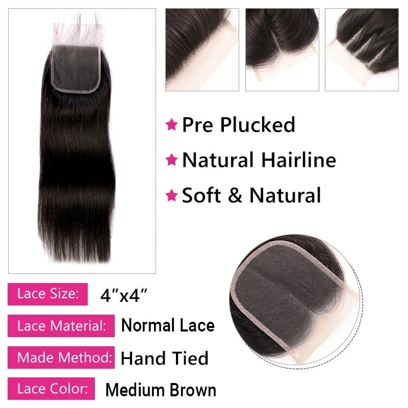 Gluna Hair 8A Grade Straight Virgin Hair 3 Bundles With 4*4 Closure 100% Human Hair Extension Natural Black