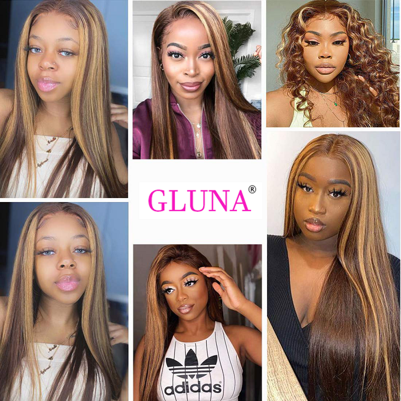 Gluna 4×4 5x5 Lace Closure Wigs Highlight #4/27 Color Straight Human Virgin Hair Pre Plucked With Natural Baby Hair