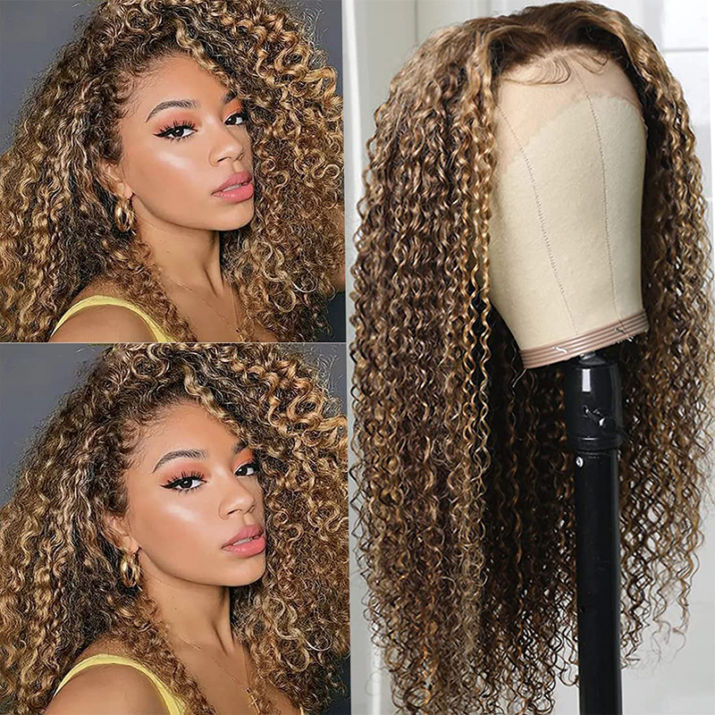 Gluna Kinky Curly 4/27 Brown and Honey Blonde Highlight Color 13×4 13x6 Lace Frontal Wig Fashion 100% Human Virgin Hair