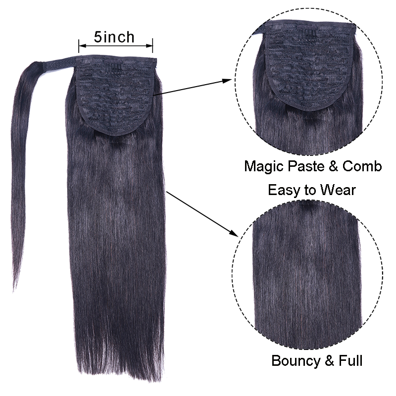 Gluna Hair Silk Straight Ponytail Extension for Black Women 100% Remy Human Hair Extensions Wrap Around Fixed Ponytail with Magic Paste Binding Fluffy Ponytail Extension Human Hair 100g Natural Black