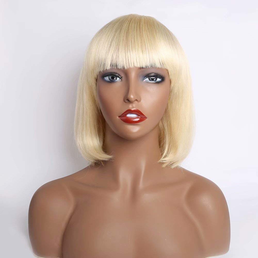 Gluna Hair Bob Wigs with Bangs Brazilian Straight Virgin Human Hair 613 Blonde Wigs Glueless Silky Machine Made 613 Blonde Wigs
