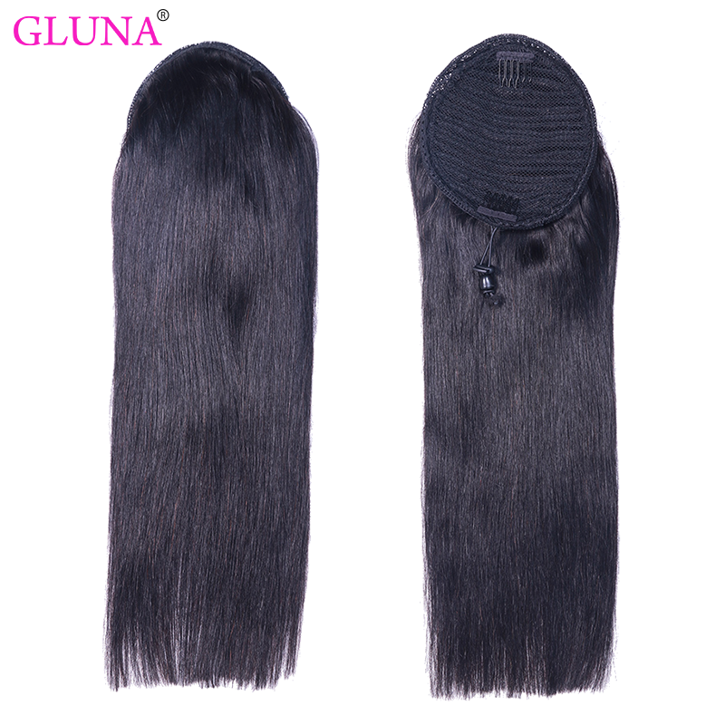 Gluna Hair Silk Straight Ponytail Extension for Black Women 100% Remy Human Hair Extensions Drawstring Ponytail Extension Human Hair 100g Natural Black