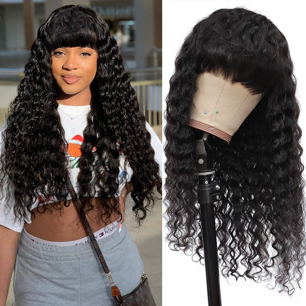 Gluna Hair Deep Wave Wigs With Bangs 150% Density None Lace Human Hair Wigs Glueless Machine Made Wigs for Black Women Brazilian Virgin Hair Natural Color