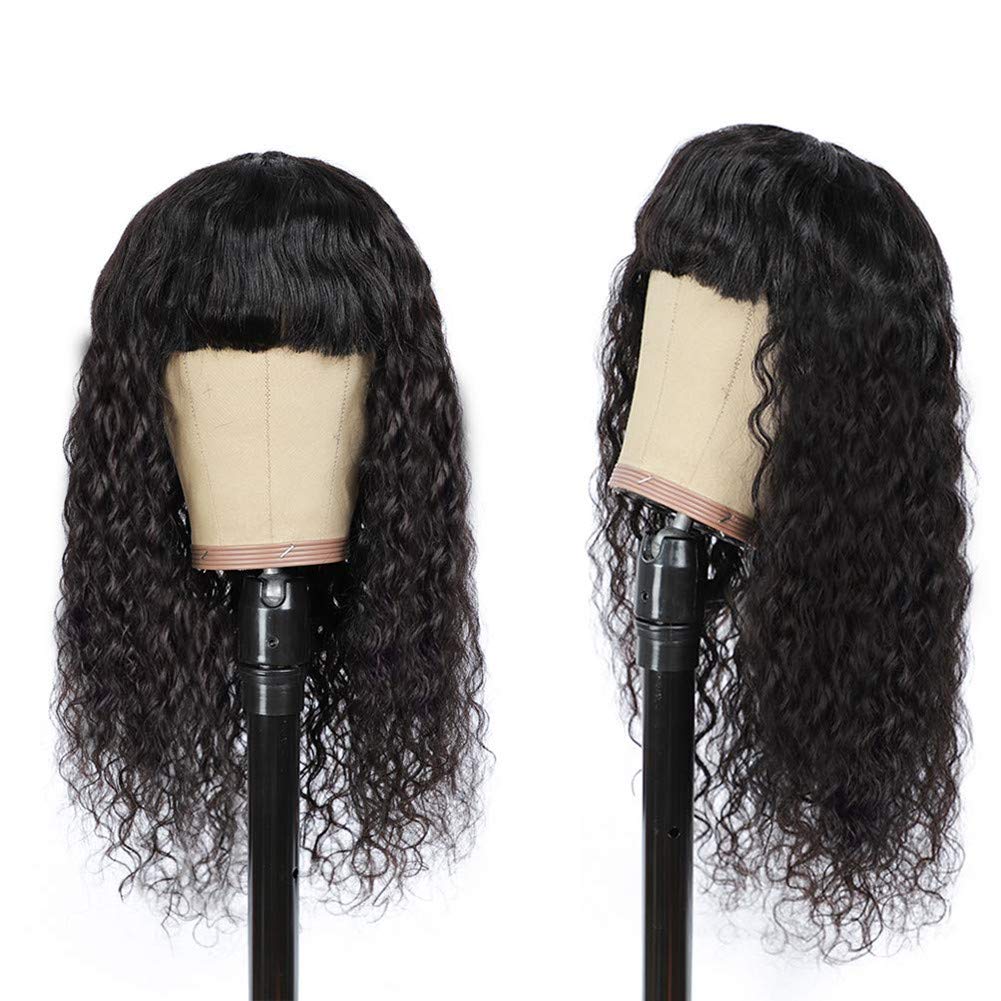 Gluna Hair Water Wave Wigs With Bangs 150% Density None Lace Human Hair Wigs Glueless Machine Made Wigs for Black Women Brazilian Virgin Hair Natural Color
