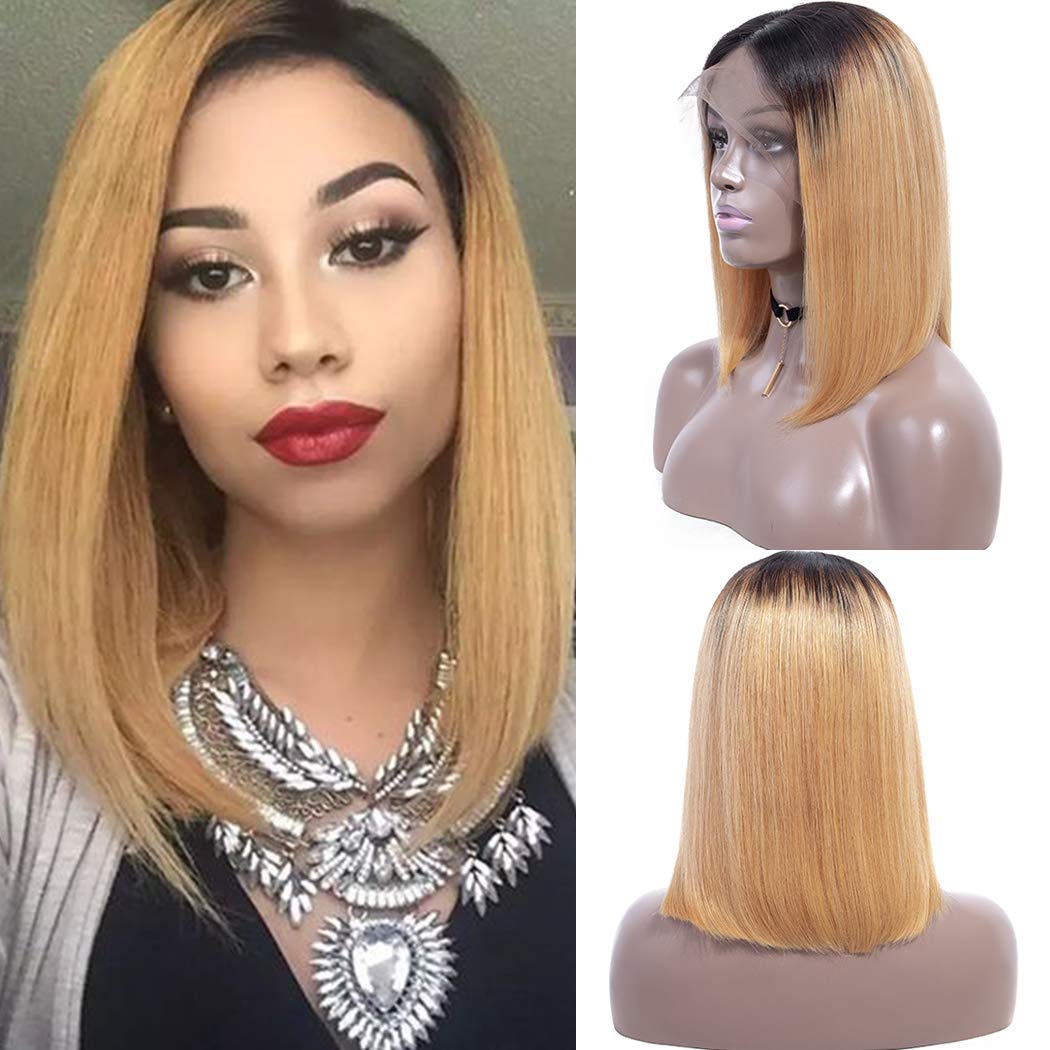 Gluna Hair Short Bob Wigs 1B/27 Color Straight Human Hair 13x4 Lace Frontal 5x5 Lace Closure Bob Wigs For Black Women Brazilian Virgin Hair with Baby Hair Pre Plucked