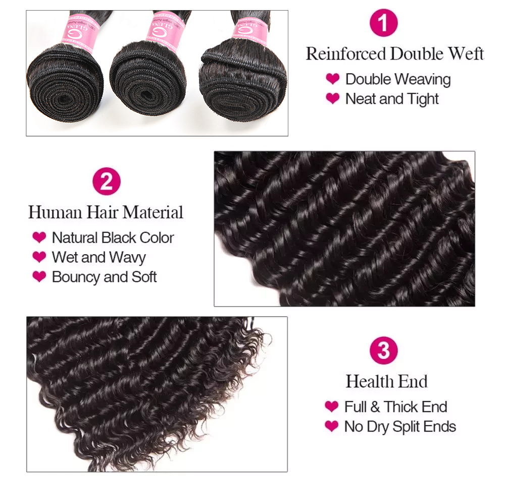 Gluna Hair 8A Grade Deep Wave Virgin Hair 3 Bundles With 4x4 Closure 100% Human Hair Extension Natural Black