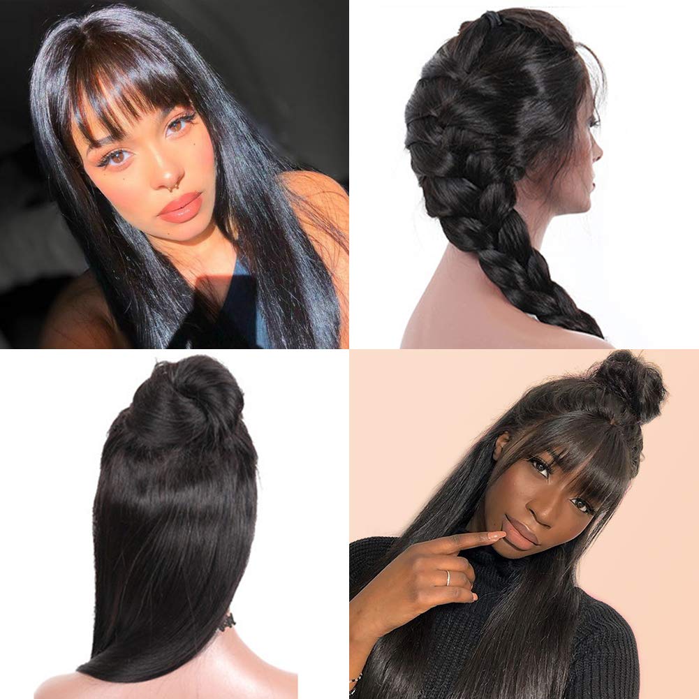 Gluna Hair Brazilian Virgin Straight Human Hair Wigs with Bangs None Lace Front Wigs Glueless Machine Made Wigs for Black Women Natural Color