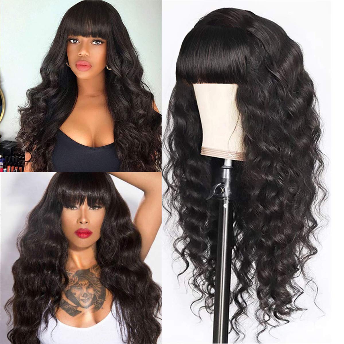 Gluna Hair Loose Deep Wave Wigs With Bangs 150% Density None Lace Human Hair Wigs Glueless Machine Made Wigs for Black Women Brazilian Virgin Hair Natural Color