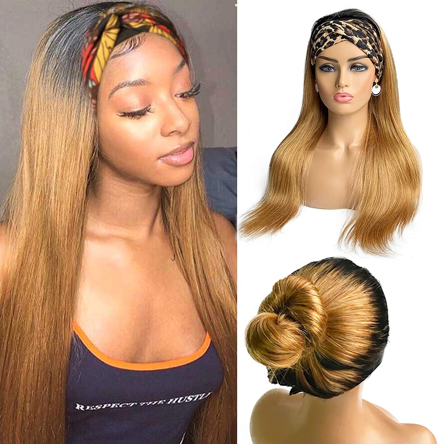 Gluna Ombre #1B/27 Honey Blonde Color Straight Headband Wig Virgin Human Hair Wigs For Black Women