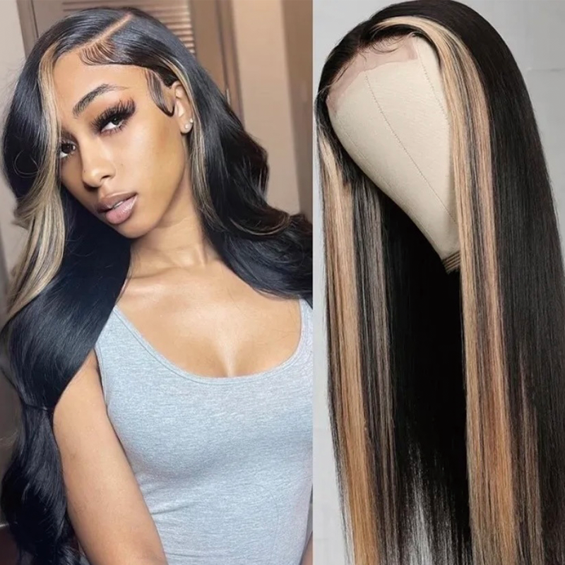 Gluna 4×4 5x5 Lace Closure Wigs Skunk Stripe TB/27 Highlight Honey Blonde Color Straight Human Virgin Hair Pre Plucked With Natural Baby Hair