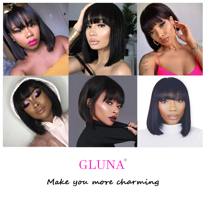 Gluna Hair Bob Wigs with Bangs Brazilian Straight Virgin Human Hair Wigs Glueless Silky Machine Made Wigs for Black Women Natural Color