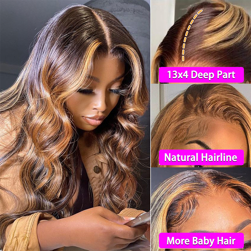 Gluna 13×4 13x6 Lace Frontal Wig Body Wave Highlight #4/27 Brown and Honey Blonde Color Human Virgin Hair
