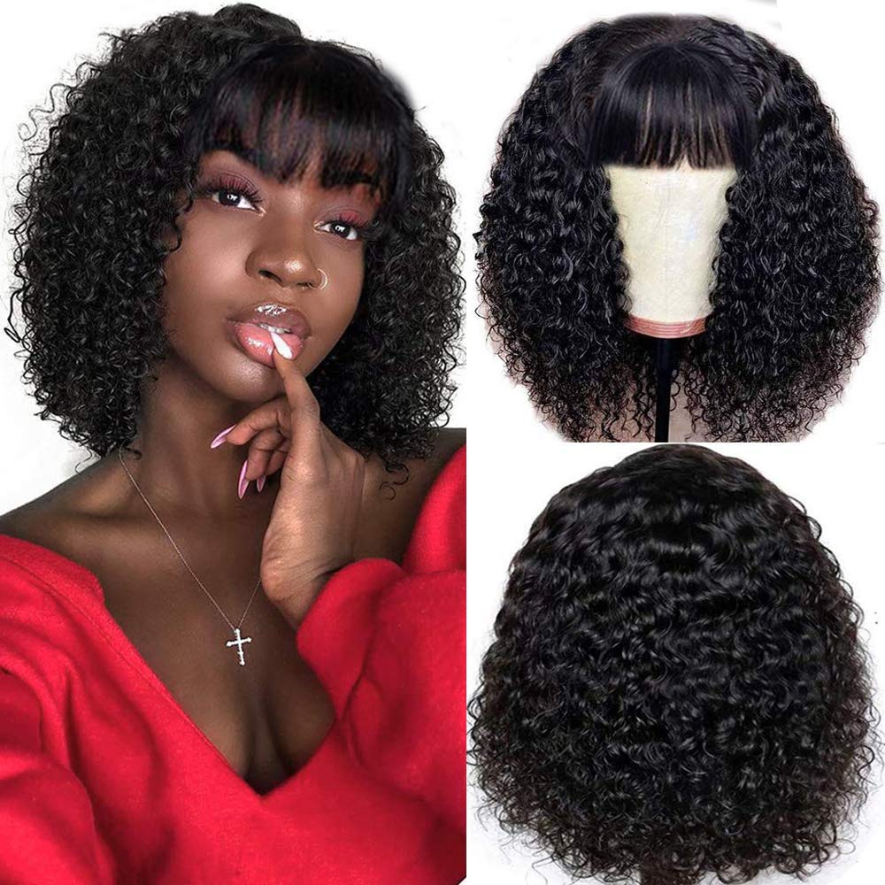 Gluna Hair Bob Wigs with Bangs Brazilian Curly Virgin Human Hair Wigs Glueless Silky Machine Made Wigs for Black Women Natural Color