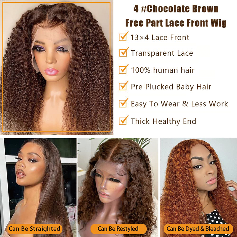 Gluna Jerry Curly #4 Chocolate Brown Color 13×4 13x6 Lace Frontal Wig Fashion 100% Human Virgin Hair
