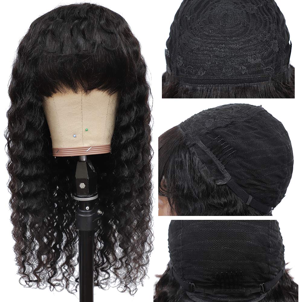 Gluna Hair Deep Wave Wigs With Bangs 150% Density None Lace Human Hair Wigs Glueless Machine Made Wigs for Black Women Brazilian Virgin Hair Natural Color
