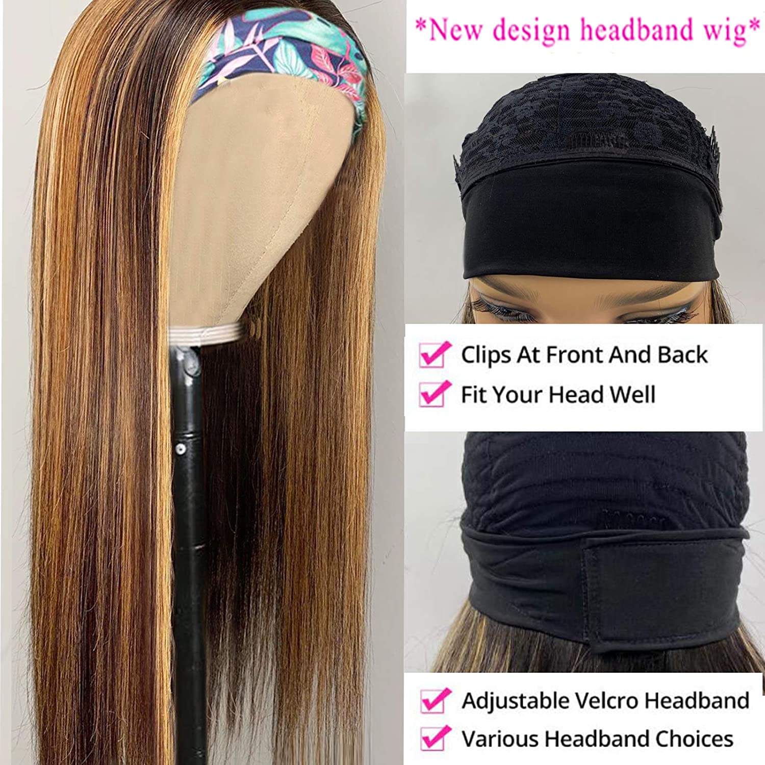Gluna Hair Straight #4/27 Brown and Honey Blonde Highlight Color Wave Headband Wig Virgin Human Hair Wigs For Black Women