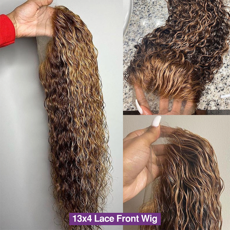 Gluna Water Wave 4/27 Brown and Blonde Highlight Color 13×4 13x6 Lace Frontal/Closure Wig Fashion 100% Human Virgin Hair