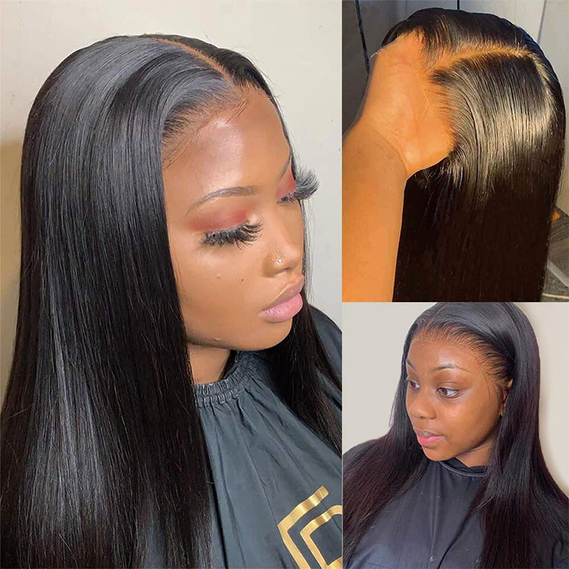 Free Shipping Gluna Hair T-Part Lace Frontal Wigs Straight Hair Brazilian Virgin Human Hair Lace Frontal Wigs For Black Women 150% Density Pre Plucked With Elastic Bands Natural Color Hairline